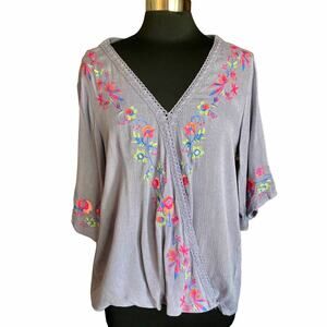 Umgee Dusty Purple Embroidered Top Surplice Wrap Bell Sleeves SMALL Fairy Boho